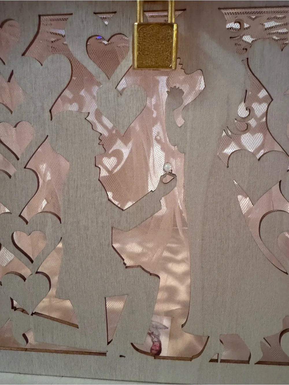 Laser-Cut Heart Keepsake Box in Light Beige with Pearl Accents